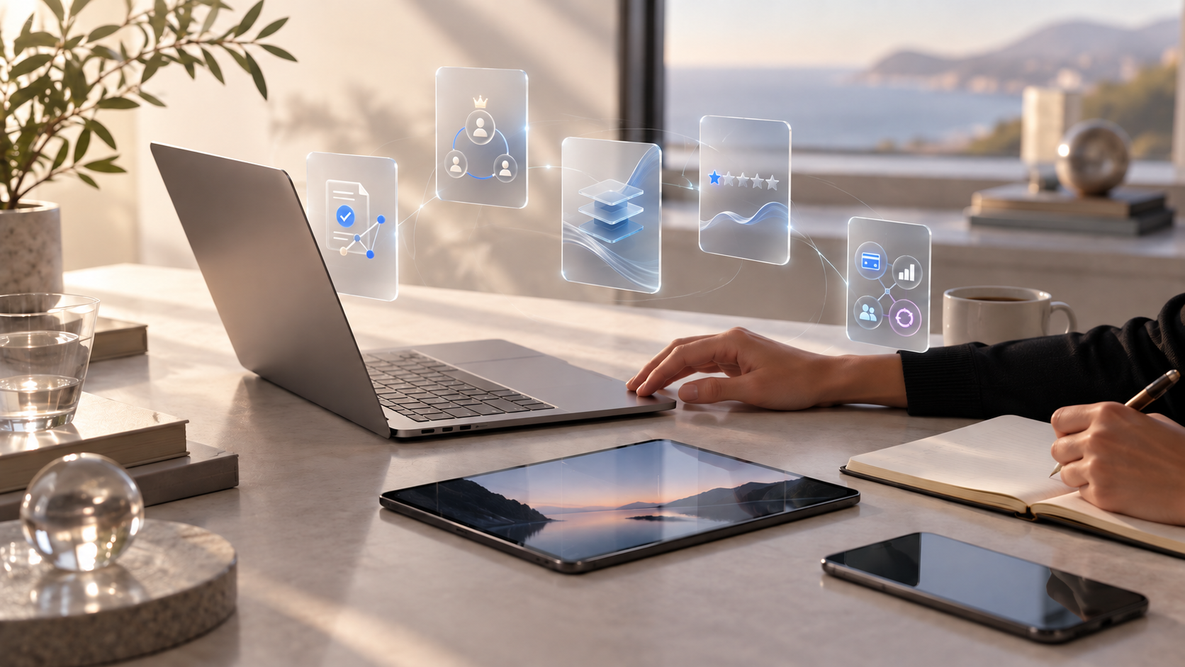 Ambiente de trabalho elegante com cartões digitais flutuantes representando os sistemas da Atenzza